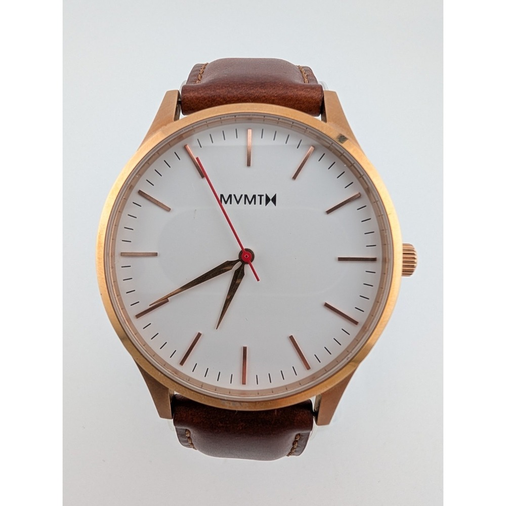 MVMT Minimalist Watch Men 40mm Rose Gold Case Brown Leather Band- New Battery